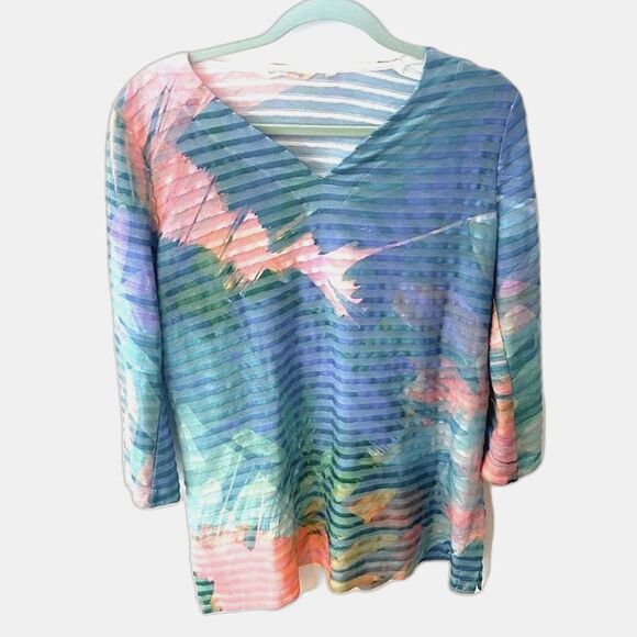 SOFT SURROUNDINGS Women’s Large Ribbed Floral Top Tropical Colorful Tunic Blouse - Picture 2 of 8